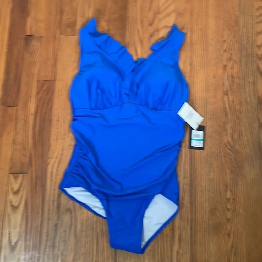 Dkny Ruffle Plunge Underwire Tummy‎ Control One-Piece Swimsuit Blue size 16 NWT